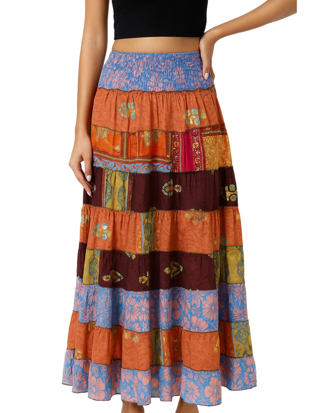 Multicolored tiered skirt with a white background