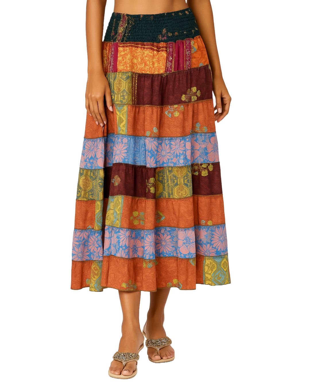 Multicolored patterned skirt worn by a person on a white background