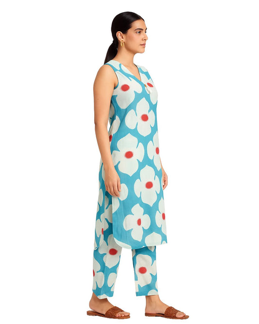 YFS Sleeveless Cotton Plazo Cord Set – Aqua Bloom Collection