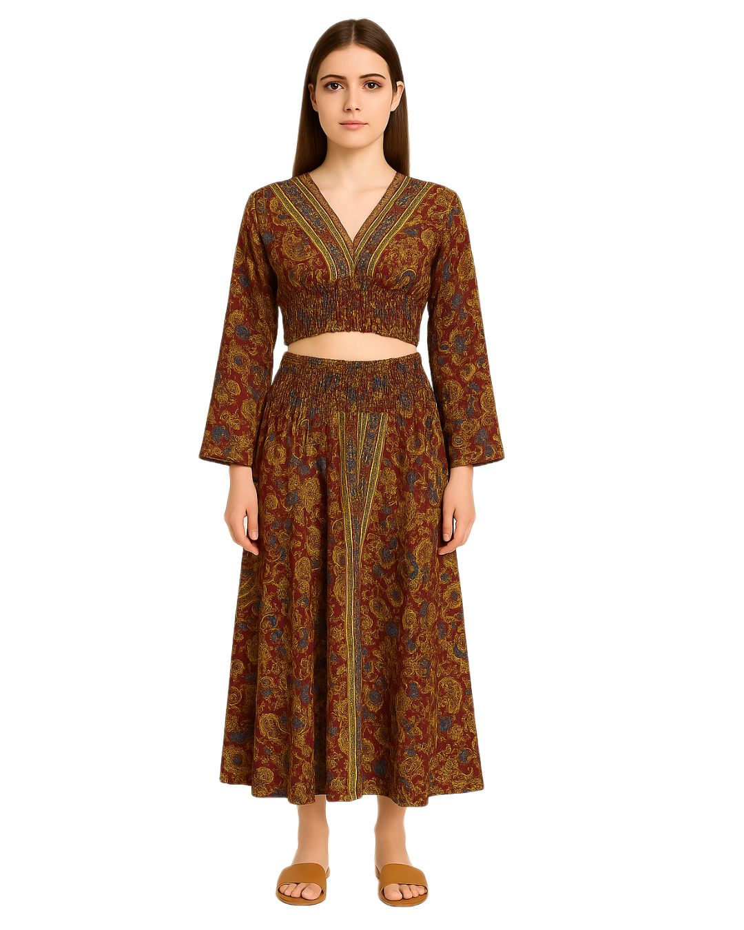 Woman wearing a brown patterned outfit on a white background