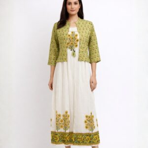 cotton sleeveless midi dress with printed shrug – elegant summer outfit