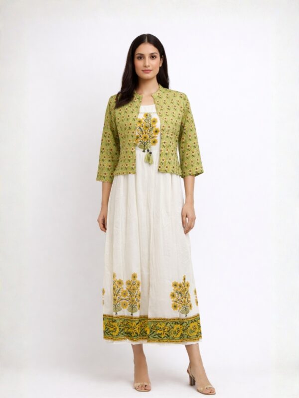 cotton sleeveless midi dress with printed shrug – elegant summer outfit